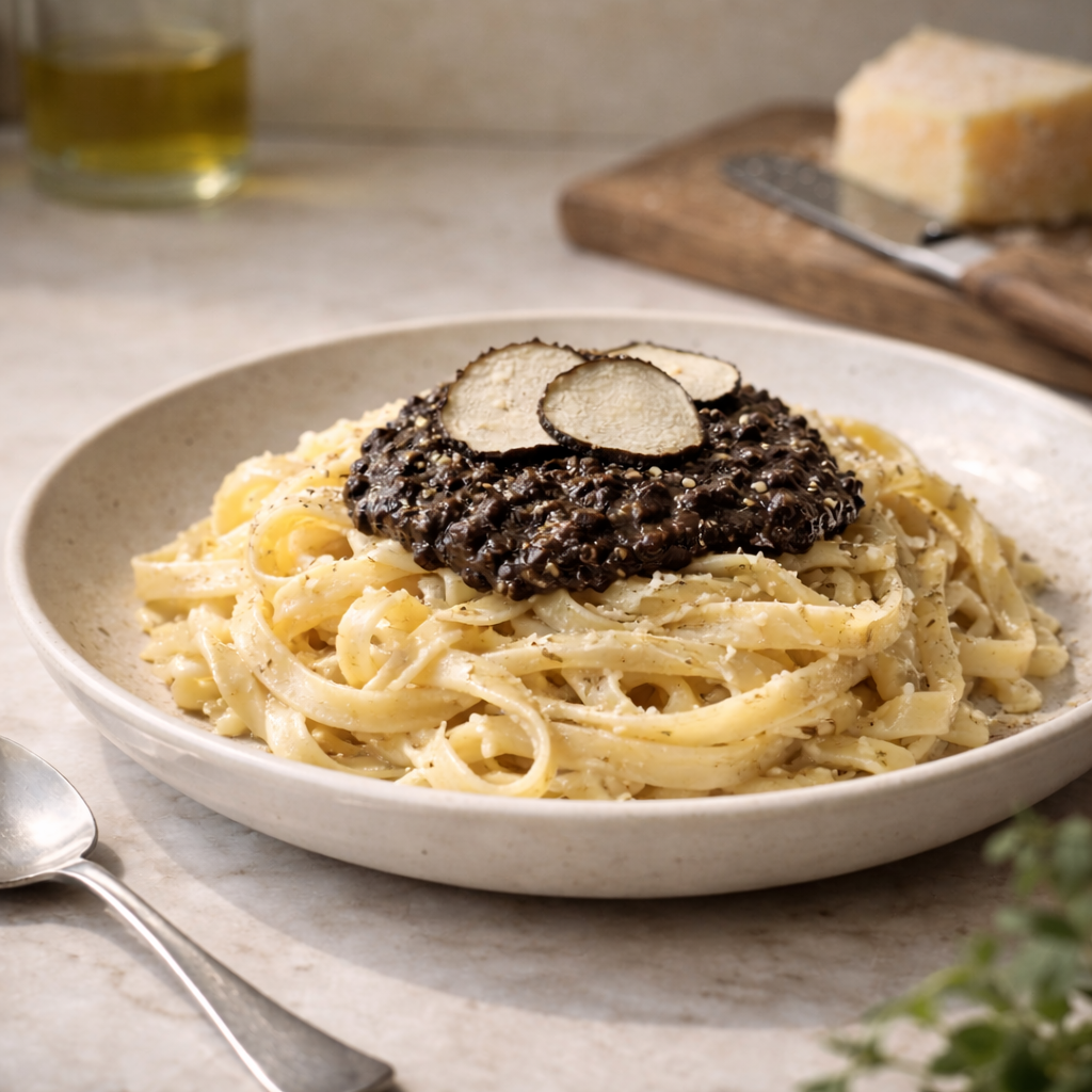 Pasta fresca con mantequilla, parmesano y salsa de trufa negra